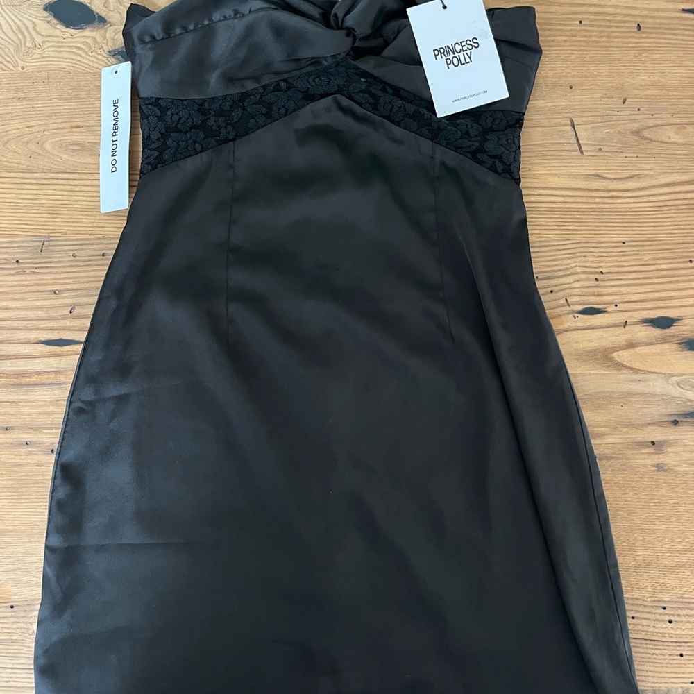 Princess Polly Black Satin Strapless Chemise with Lace Trim